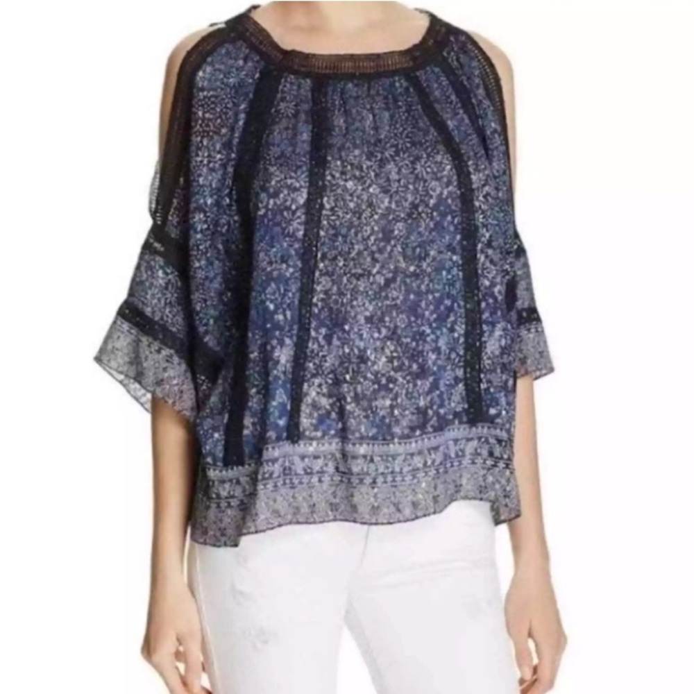 Elie Tahari Silk Cold Shoulder Mika Blouse Blue Floral Metallic NWOT $298 Retail